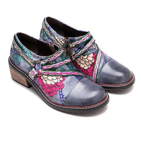 Hand Painted Leather & Velvet Panels Flat Retro Boots