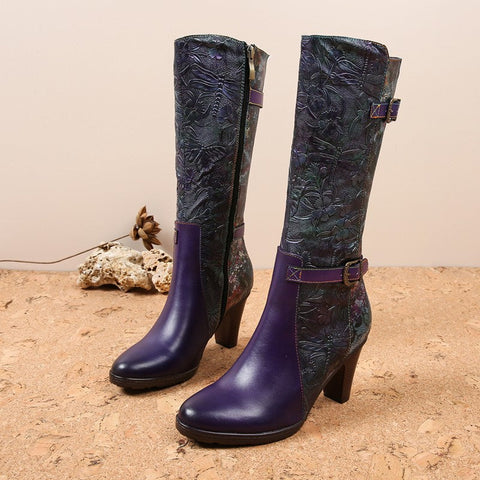Warm Handmade Embossed Real Leather Dragonfly Boots