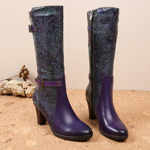 Warm Handmade Embossed Real Leather Dragonfly Boots