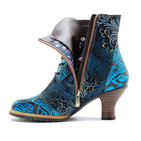 Hand-Painted Lace-Up Side Zipper Heel Ankle Boots (Beatrix)