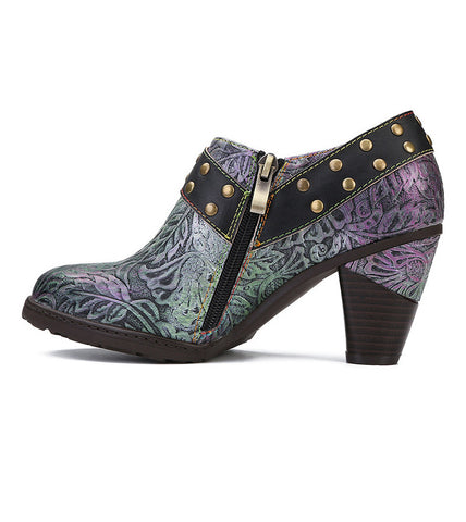 Round Toe Cowhide Retro Women's shoes Pumps With side zipper rivet belt buckle