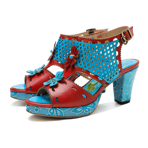 Fish Mouth Cutout Leather Heel Sandals