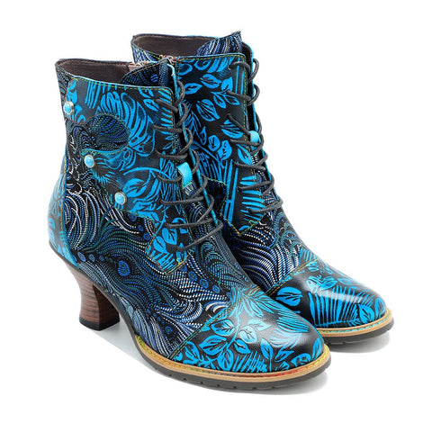 Hand-Painted Lace-Up Side Zipper Heel Ankle Boots (Beatrix)