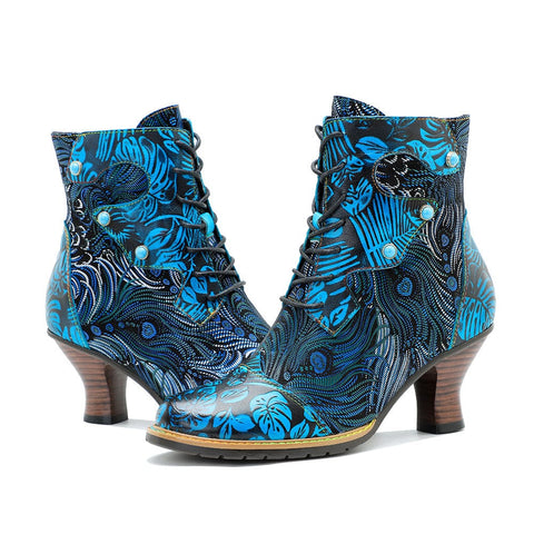 Hand-Painted Lace-Up Side Zipper Heel Ankle Boots (Beatrix)