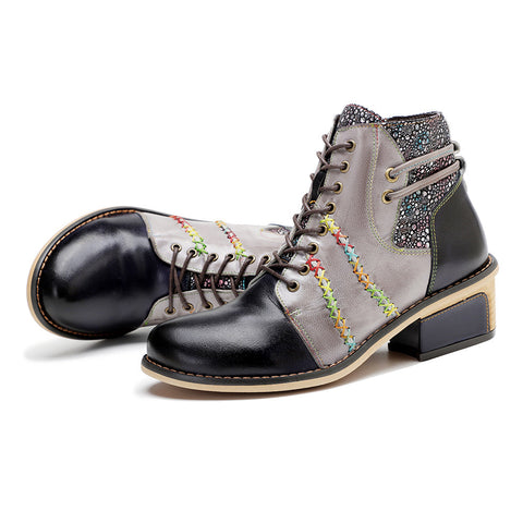Retro Leather Patchwork Casual Comfort Ankle Boots