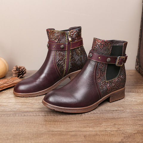 2023 Cowhide Ethnic Women's Side Zipper Hand-painted Flat heel Boots