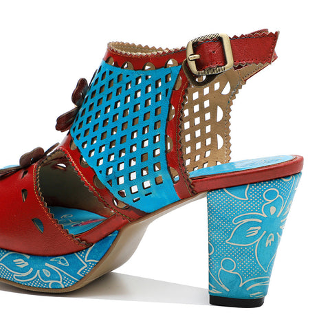 Fish Mouth Cutout Leather Heel Sandals