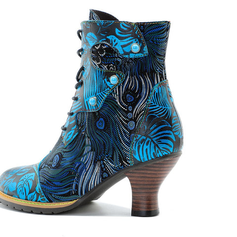 Hand-Painted Lace-Up Side Zipper Heel Ankle Boots (Beatrix)