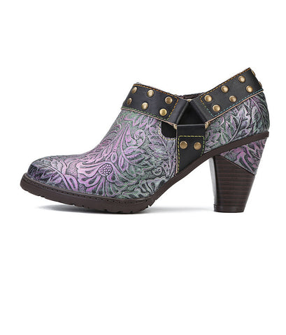 Round Toe Cowhide Retro Women's shoes Pumps With side zipper rivet belt buckle