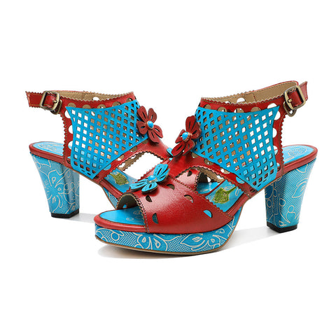 Fish Mouth Cutout Leather Heel Sandals