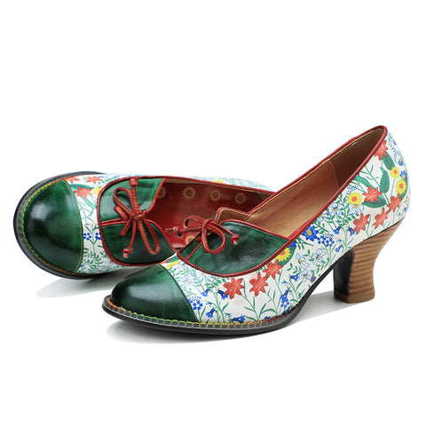 Vintage Hand-embossed Leather Low Heels