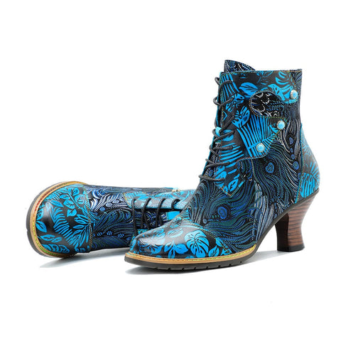 Hand-Painted Lace-Up Side Zipper Heel Ankle Boots (Beatrix)
