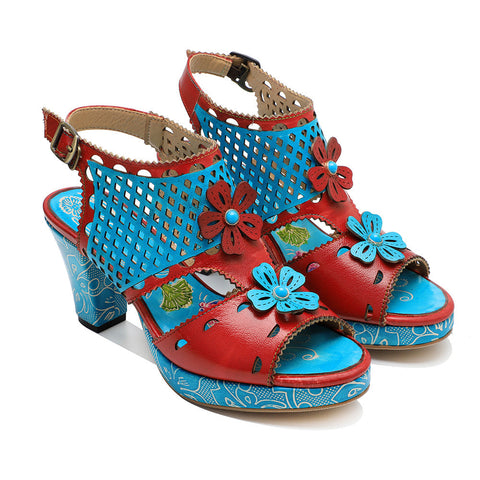 Fish Mouth Cutout Leather Heel Sandals