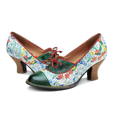 Vintage Hand-embossed Leather Low Heels
