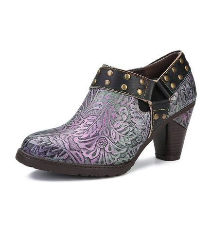 Round Toe Cowhide Retro Women's shoes Pumps With side zipper rivet belt buckle