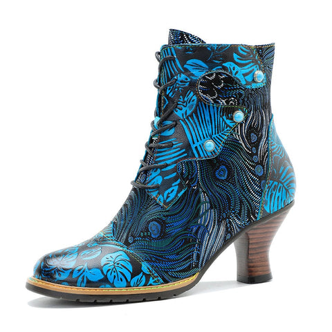 Hand-Painted Lace-Up Side Zipper Heel Ankle Boots (Beatrix)