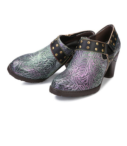Round Toe Cowhide Retro Women's shoes Pumps With side zipper rivet belt buckle