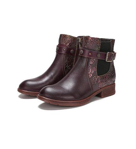 2023 Cowhide Ethnic Women's Side Zipper Hand-painted Flat heel Boots
