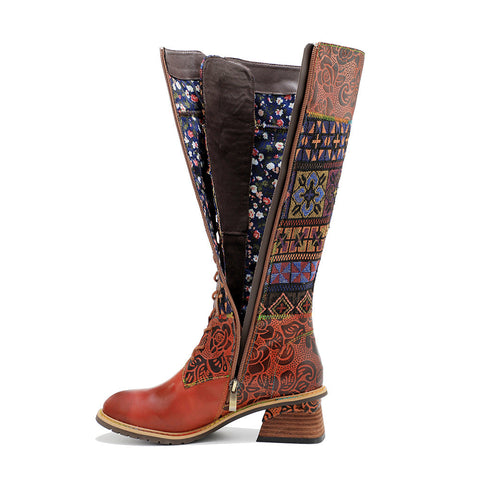 Vintage Bohemian Leather Splicing Pattern Boots