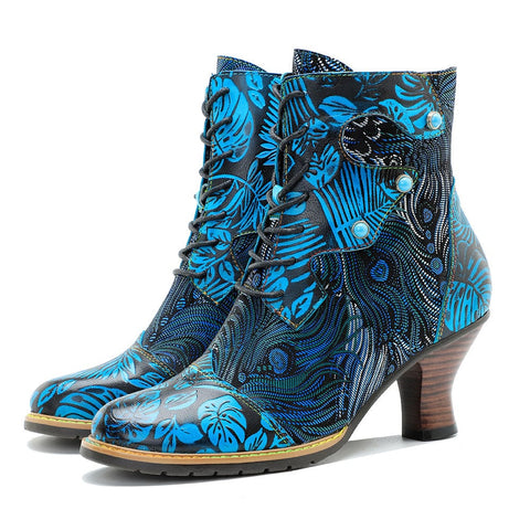 Hand-Painted Lace-Up Side Zipper Heel Ankle Boots (Beatrix)