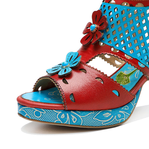 Fish Mouth Cutout Leather Heel Sandals