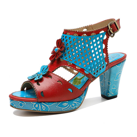 Fish Mouth Cutout Leather Heel Sandals