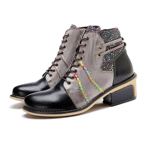 Retro Leather Patchwork Casual Comfort Ankle Boots