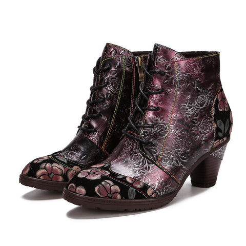 Retro Leather Embossed Comfy Ankle Boots