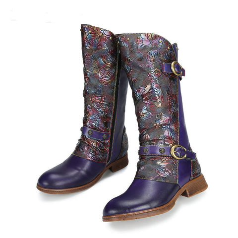 Retro Painted Buckle Flat Tall Boots