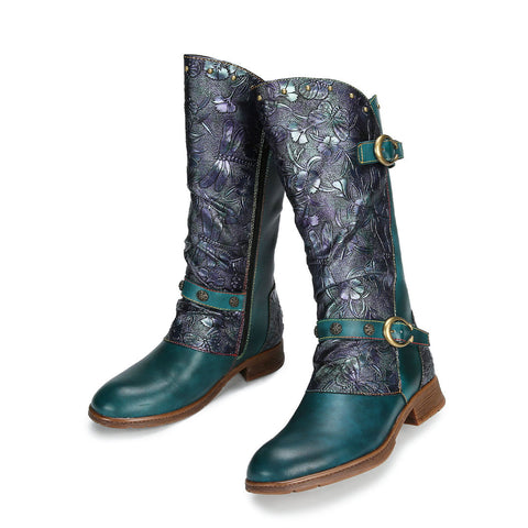 Retro Painted Buckle Flat Tall Boots