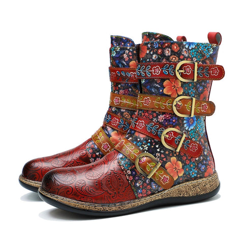 Embossed Floral Side Zipper Buckle Boots (Daphne)