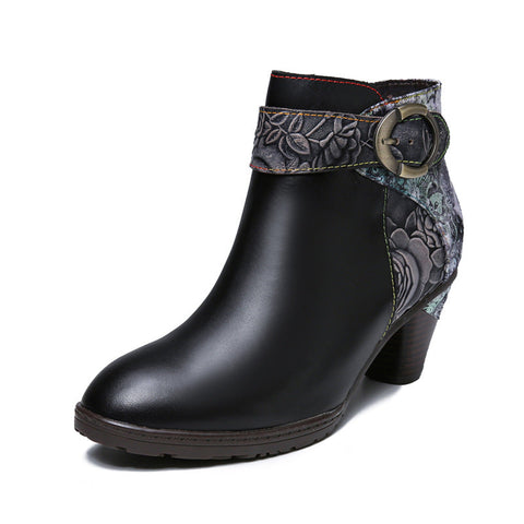 Handmade Floral Embossed Ankle Boots