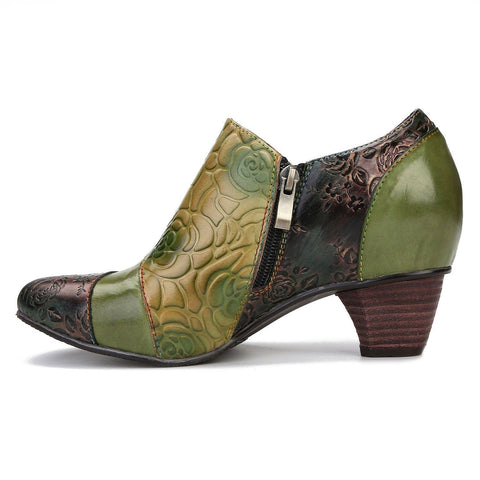 Hand Embossed Leather Low Heel Shoes
