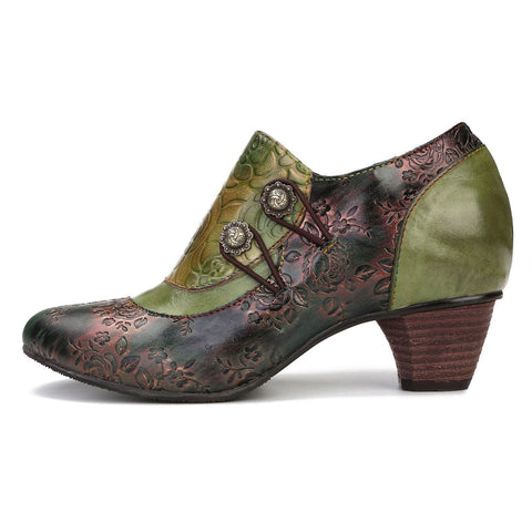 Hand Embossed Leather Low Heel Shoes
