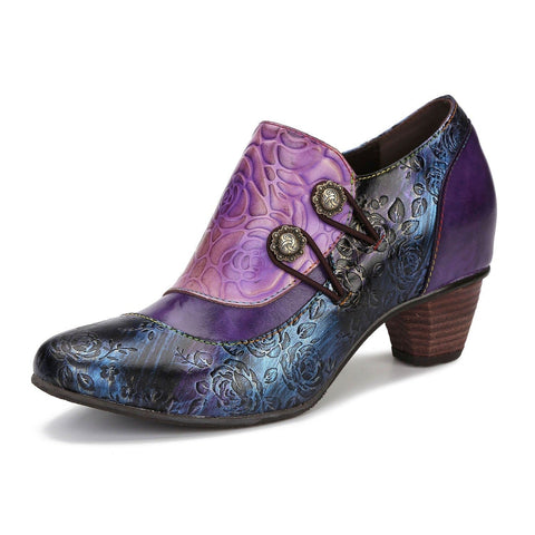 Hand Embossed Leather Low Heel Shoes