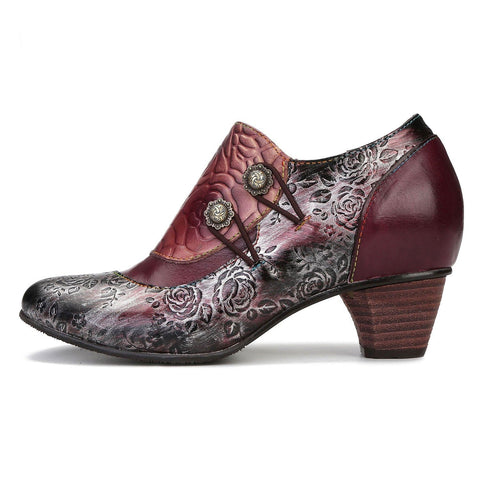 Hand Embossed Leather Low Heel Shoes
