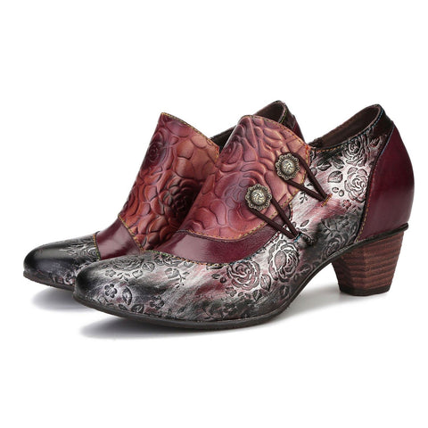 Hand Embossed Leather Low Heel Shoes