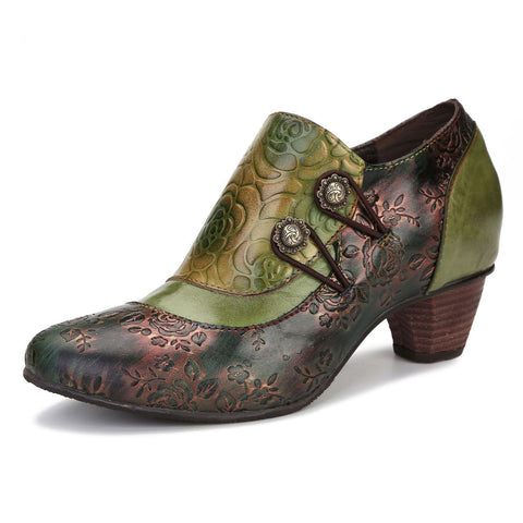 Hand Embossed Leather Low Heel Shoes