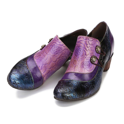 Hand Embossed Leather Low Heel Shoes