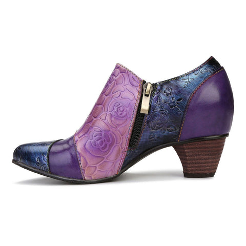 Hand Embossed Leather Low Heel Shoes