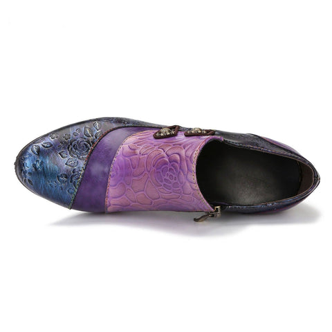 Hand Embossed Leather Low Heel Shoes