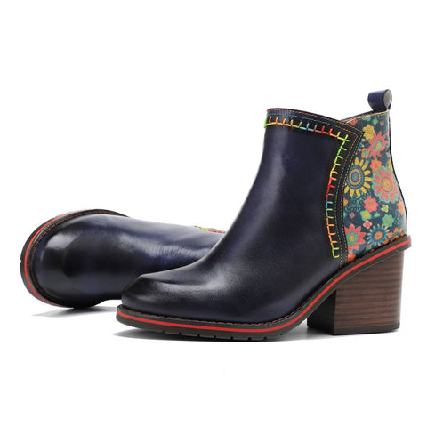 Vintage Handmade Stitching Comfort Chunky Heel Booties