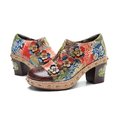 Retro Floral Handmade Rivet Comfort Block Heel Pumps