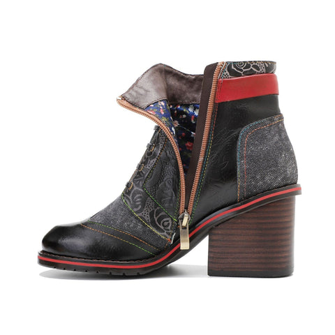 Retro Patchwork Color Contrast Comfort Block Heel Booties