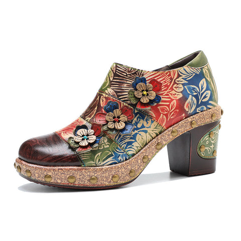 Retro Floral Handmade Rivet Comfort Block Heel Pumps