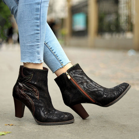 QueenBoho Genuine Leather Soft Lace High Heel Boots