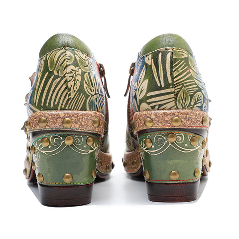 Retro Floral Handmade Rivet Comfort Block Heel Pumps