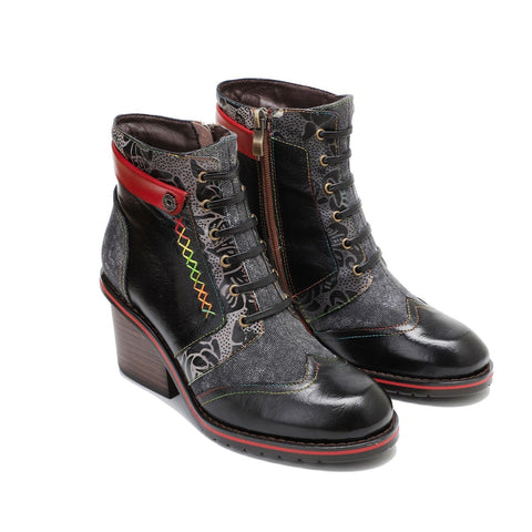 Retro Patchwork Color Contrast Comfort Block Heel Booties