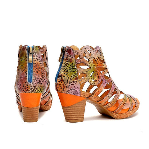 Bohemia Leather Snake Pattern Block Heel Comfy Heeled Sandals