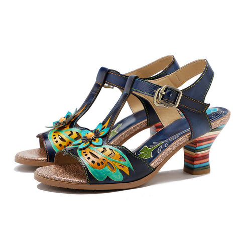 Retro Handmade Colored Stripe Heel Comfy Sandals